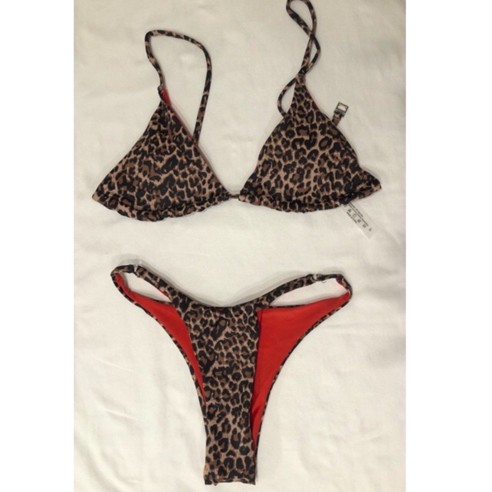 Leopard triangle top, high waist bottom two piece bikini size small/4